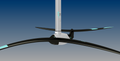 A close-up view of a shark-like surf hydrofoil.