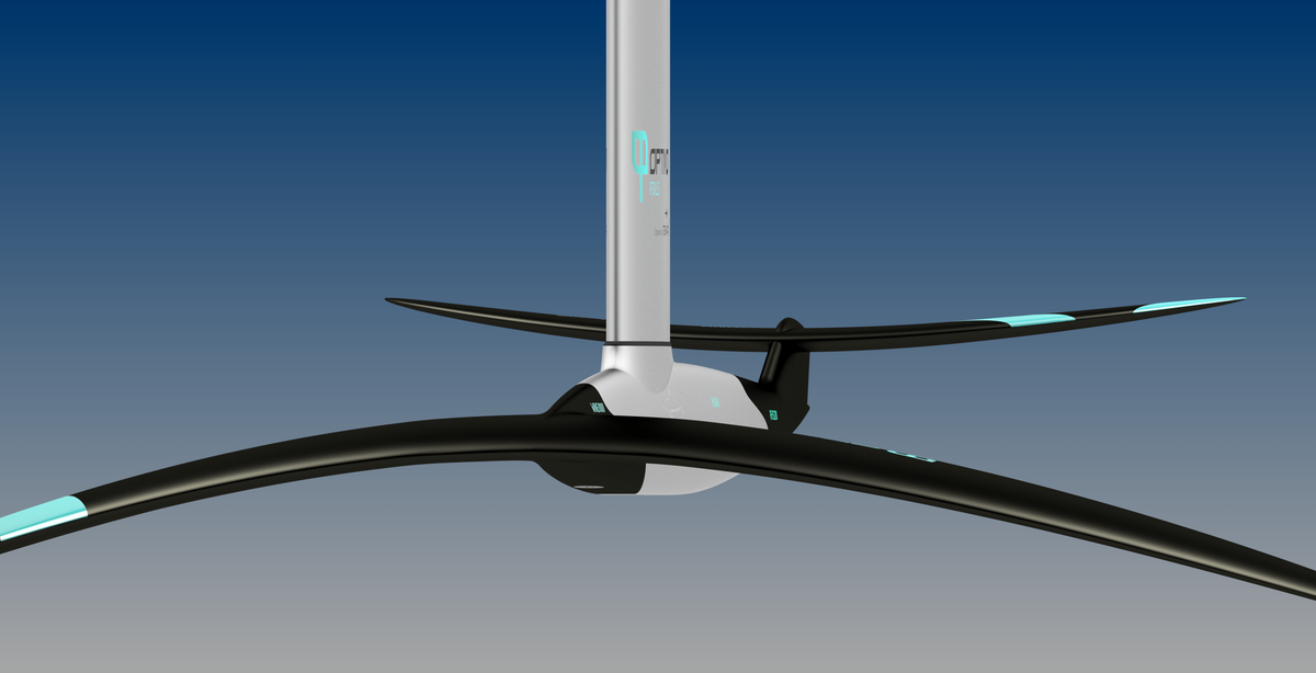 A close-up view of a shark-like surf hydrofoil.
